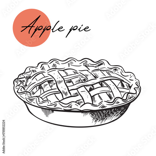 Hand-drawn whole traditional apple pie sketch. Sweet bakery, fruit. Side view. Vector ink baking illustration. Food for Thanksgiving, autumn..