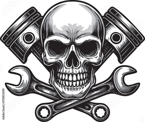 Skull with crossed pistons and wrenches — bold mechanical symbol, raw attitude, garage rebellion and hardcore machine culture.