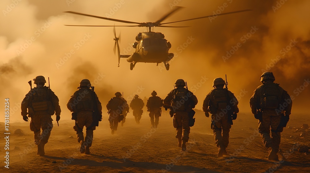 Obraz premium Soldiers approach a helicopter as dust swirls in the air during a military operation in a desert environment