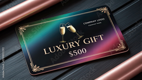 - Luxury gift card with champagne glasses on rainbow gradient