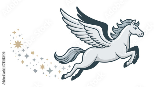 Celestial Stallion Soaring: A majestic illustration depicts a pegasus, a symbol of freedom and inspiration, ascending gracefully, its wings outstretched against a light backdrop.