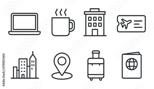 Travel essentials icons featuring laptop coffee hotel ticket suitcase passport