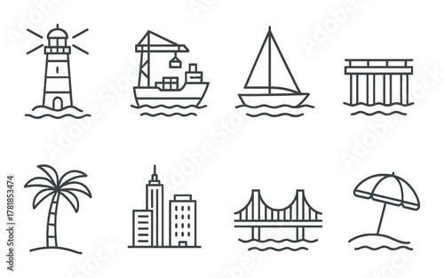 Nautical and city icons on gradient background featuring lighthouse and palm tree
