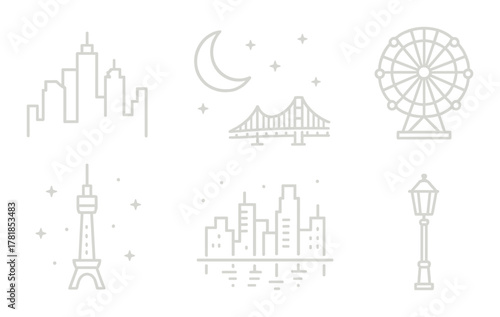 Neon outline cityscape: skyline, bridge, ferris wheel, tower, moon, lamp