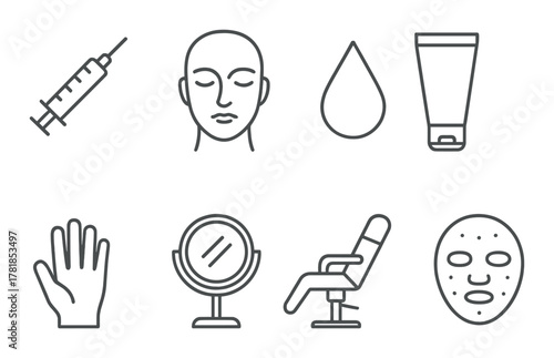 Cosmetic procedure icons: skin care, injection, facial, beauty equipment, mask