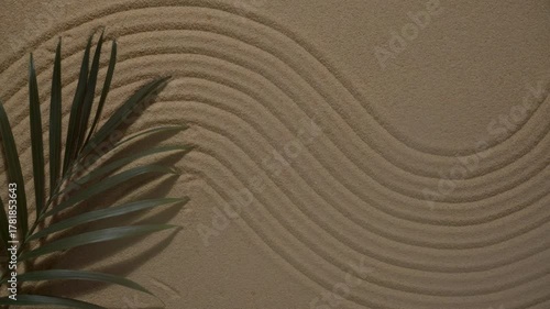 Calming Zen Garden Sand Patterns with Tropical Leaf Detail, Raked for Relaxation and Meditation