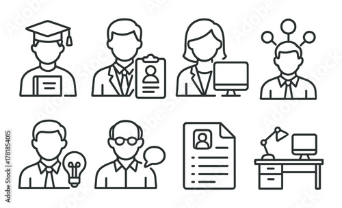 Professional icons set: job, male and female, office, technology, business, lightbulb, resume