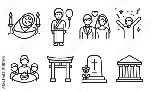 Icons representing life stages and cultural symbols