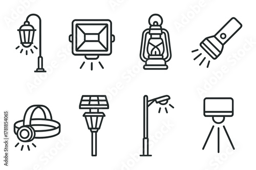 Set of eight minimalist black lighting fixture icons on gradient background
