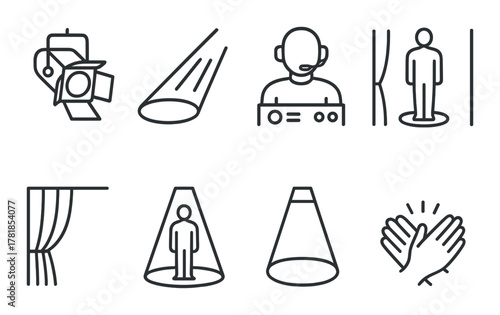 Theater equipment icons including spotlight, curtains, and headset on dark background