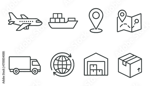 Logistics icons set: airplane, ship, truck, globe, warehouse, map, package