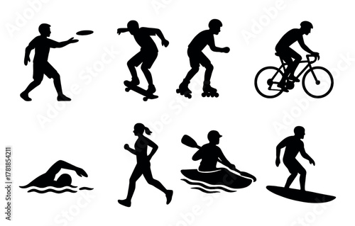 Silhouette of diverse sport activities: frisbee, skateboarding, rollerblading, cycling, swimming, running, kayaking, surfing