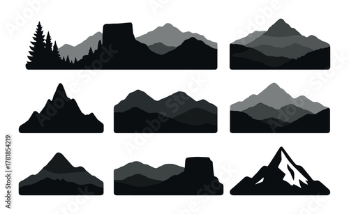 Set of abstract mountain silhouette designs with various peaks and scenic profiles