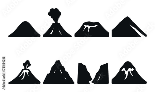 Volcano silhouettes: erupting and dormant mountain icons on black background