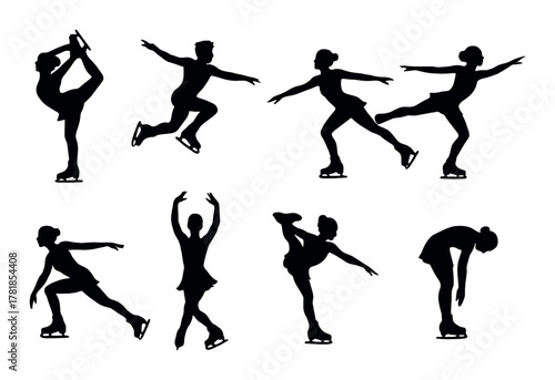 Silhouette ice skaters performing graceful routines and poses on ice