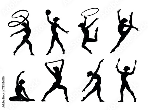 Silhouettes of female gymnasts performing rhythmic gymnastics with hoops and ribbons
