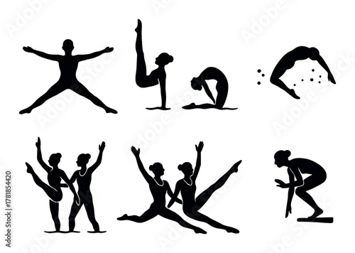 Silhouette of female dancers and gymnasts in various poses
