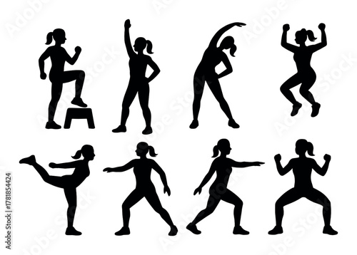 Silhouettes of women exercising in various fitness poses