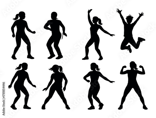 Silhouettes of active dancers and jumping figures in motion
