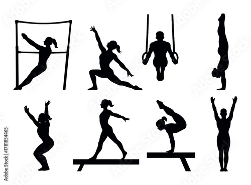 Silhouettes of gymnasts performing various artistic and athletic movements