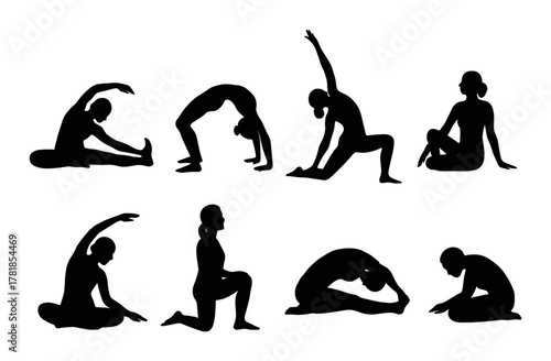Silhouettes of diverse individuals practicing yoga poses on dark background