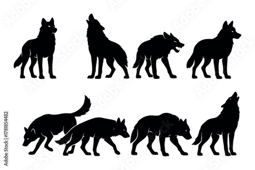 Silhouettes of wolves: howling and prowling poses in dark ambiance