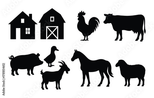 Silhouette of farm animals and barn against green background