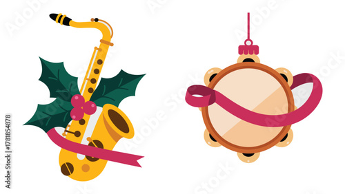 Festive Music: A visual celebration of music, featuring a saxophone adorned with holiday elements and a tambourine, symbolizing harmony and joyful sounds.
