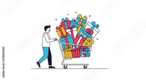 Man pushing a shopping cart overflowing with colorful wrapped gifts and presents, ideal for holiday shopping or sale promotions