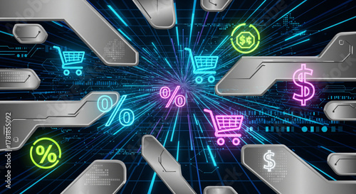 Digital Shopping Illustration Futuristic Online Retail with Percentages and Symbols