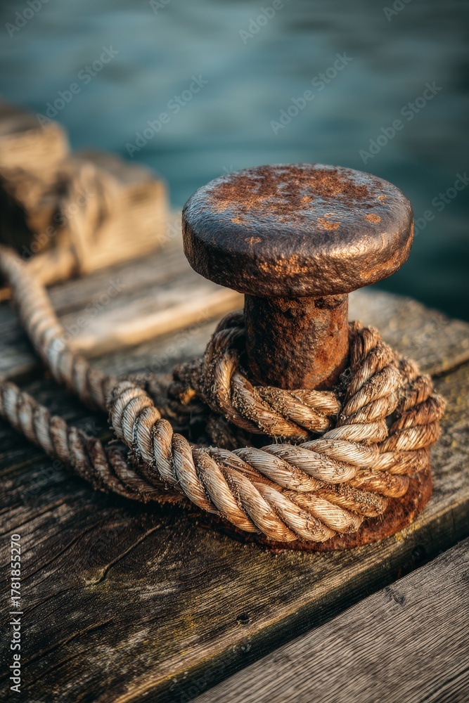 Fototapeta premium Close-up of a rusty cleat on an old wooden dock with a thick rope and river in the background