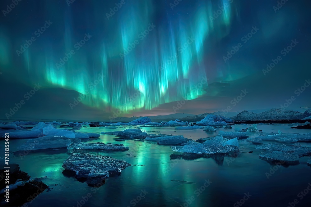 Naklejka premium Aurora borealis over icebergs