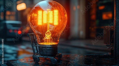 Fototapeta Naklejka Na Ścianę i Meble -  Oversized bulb in mini shopping cart on a wet city street, soft focus