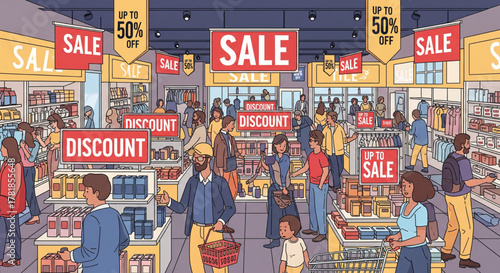 Illustration of a bustling supermarket filled with a diverse crowd of shoppers during a major sales event