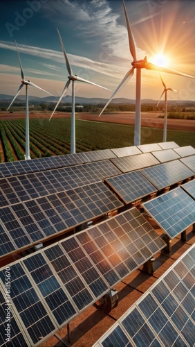 Modern smart grid infrastructure with solar panels and wind turbines