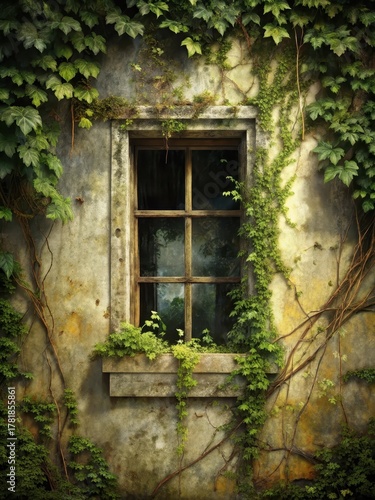 Overgrown vines on a weathered old window