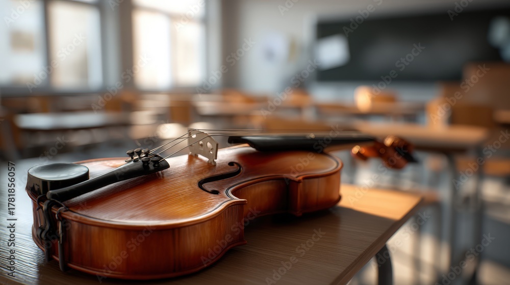 Fototapeta premium A violin rests on a wooden desk, poised for practice, in a blurred classroom setting