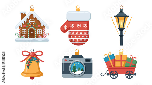 Festive Ornament Assortment: A collection of charming ornaments, each a symbol of the holiday spirit, crafted with intricate detail. Featuring a house, mitten, lamp, bell, camera, and wagon.