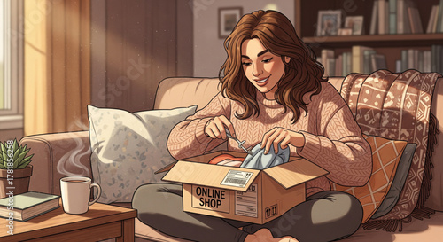 A Young Woman Happily Unpacking an Online Shopping Order at Home, Enjoying Her New Purchases