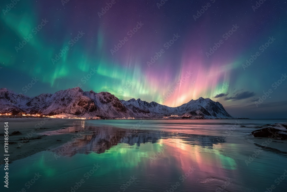 Naklejka premium Northern Lights over a snowy beach