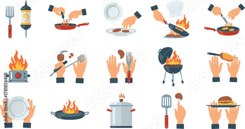 Collection of 18 cooking icons showing food preparation, grilling, frying, utensils, chef tools, and kitchen flames in vector style