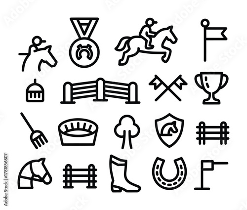 Equestrian horse riding outline icon set
