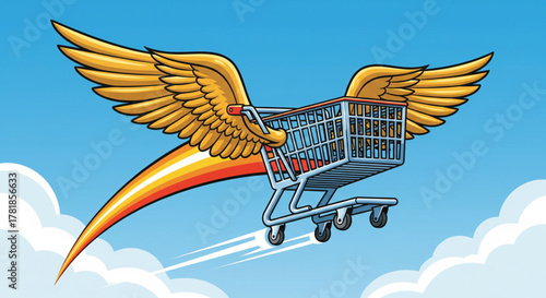 Conceptual illustration of a winged shopping cart soaring at high speed through the clouds, symbolizing fast delivery and online shopping