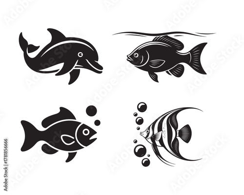 fish vector illustration, fish silhouette set, fish collection, ocean fish vector, underwater creature, tropical fish silhouette, fishing logo design, freshwater fish vector, aquatic creature design