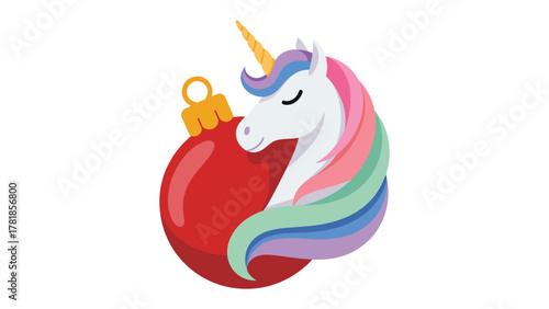 Magical Ornament: A whimsical unicorn rests peacefully beside a vibrant red ornament, embodying the magic and wonder of the holiday season. 