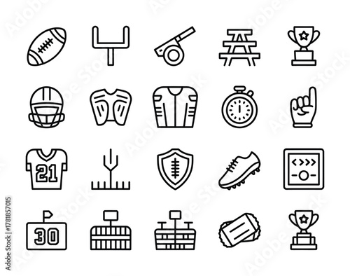 American football sport equipment and competition icons