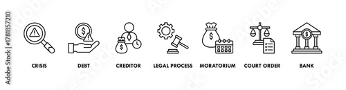 Bankruptcy banner web icon vector illustration concept with icon of crisis, debt, creditor, legal process, moratorium, court order, and bank