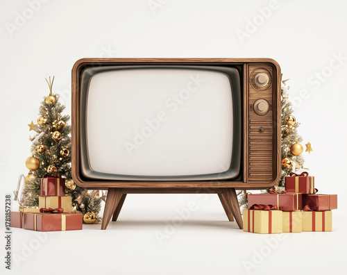 Retro television with christmas decorations and gift boxes on white background