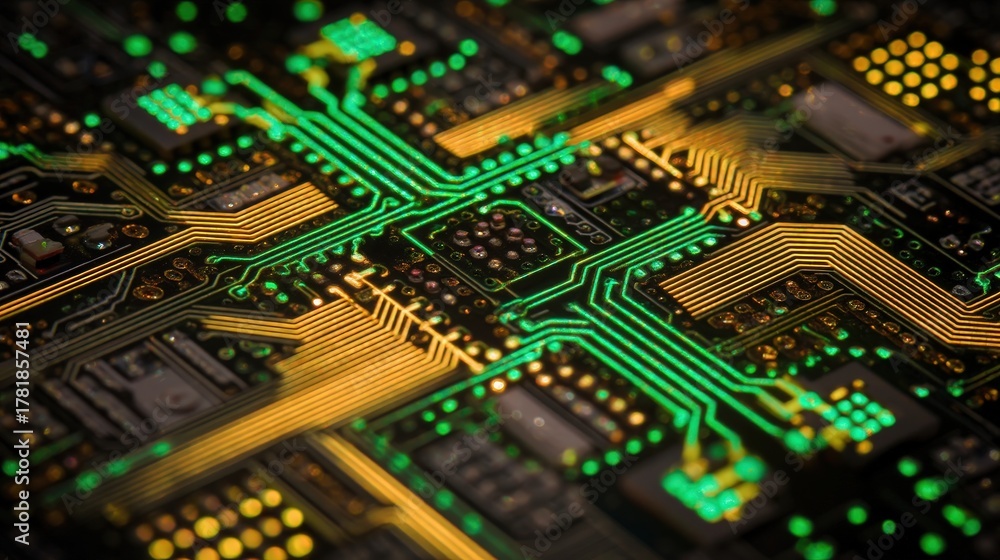 Fototapeta premium Glowing CPU: Microchip Circuit Board with Orange Electronic Traces