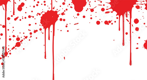 Red drips and splatter against a white backdrop create a graphic effect